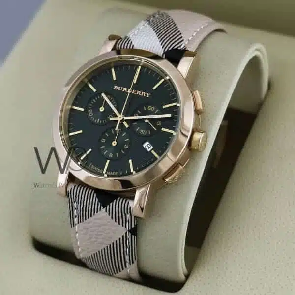 Burberry check engraved chronograph watch black with leather multicolored belt