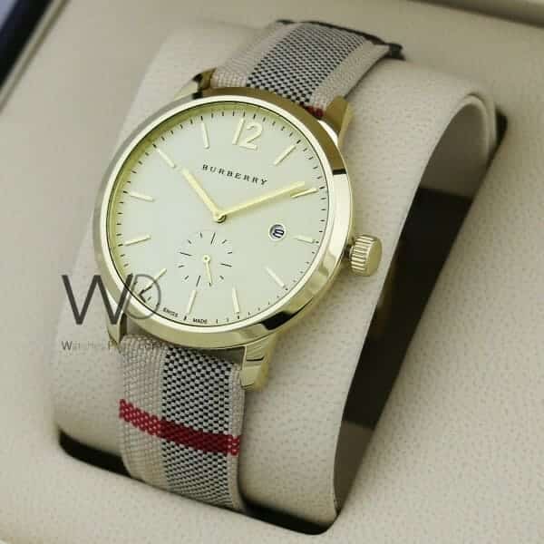 Burberry check engraved watch golden with leather multicolored belt