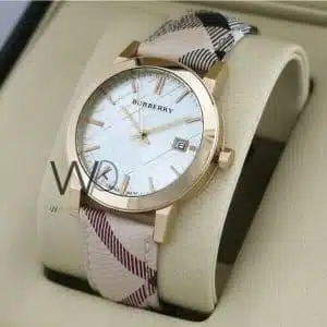 Burberry check engraved watch white with leather multicolored belt