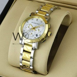 Burberry check engraved watch white with stainless steel golden & silver belt