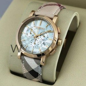 Burberry check engraved chronograph watch white with leather multicolored belt