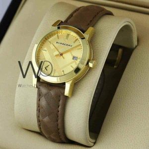 Burberry check engraved watch gold with leather brown belt