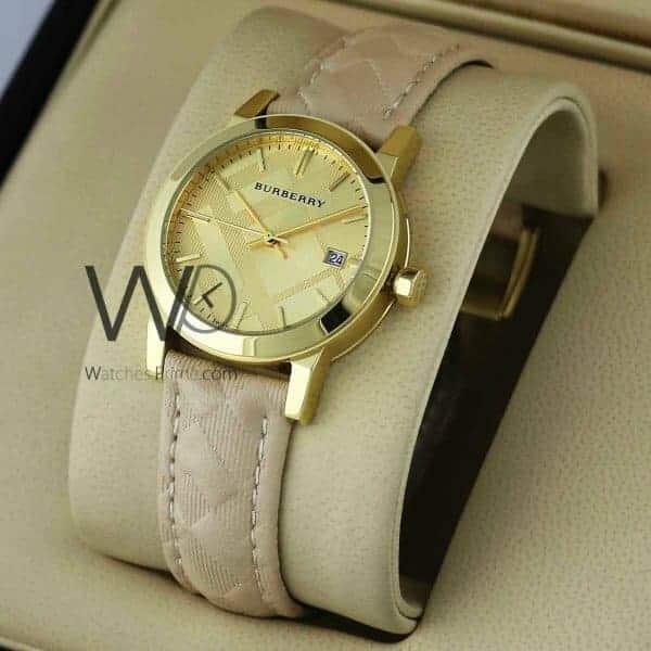 Burberry check engraved watch gold with leather off white belt