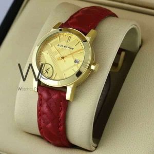 Burberry check engraved watch gold with leather red belt