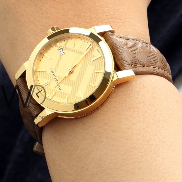 Burberry check engraved watch gold with leather brown belt