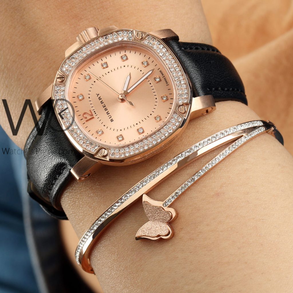 Burberry women watch rose gold with leather black belt Watches Prime