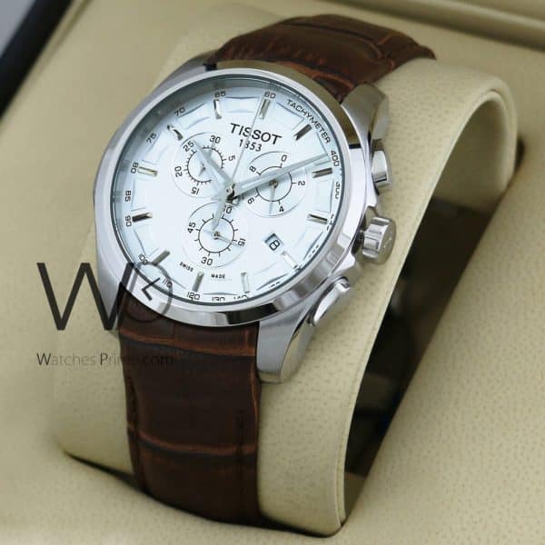 TISSOT 1853 CHRONOGRAPH WATCH WHITE WITH LEATHER BROWN BELT | Watches Prime