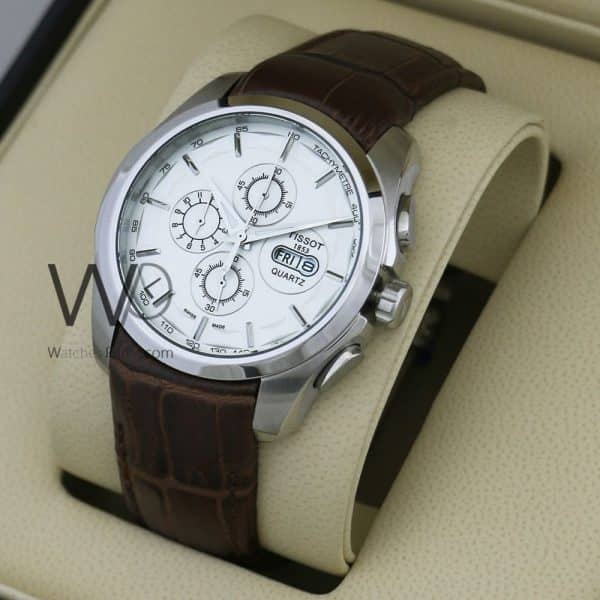 TISSOT 1853 CHRONOGRAPH WATCH WHITE WITH LEATHER BROWN BELT