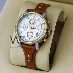 FOSSIL CHRONOGRAPH WATCH WHITE WITH LEATHER BROWN BELT
