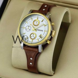 FOSSIL CHRONOGRAPH WATCH WHITE WITH LEATHER BROWN BELT