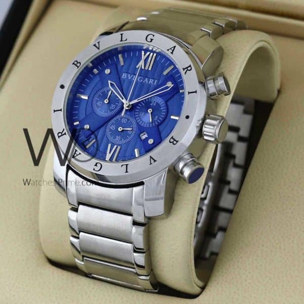 BVLGARI CHRONOGRAPH WATCH BLUE WITH STAINLESS STEEL SILVER BELT