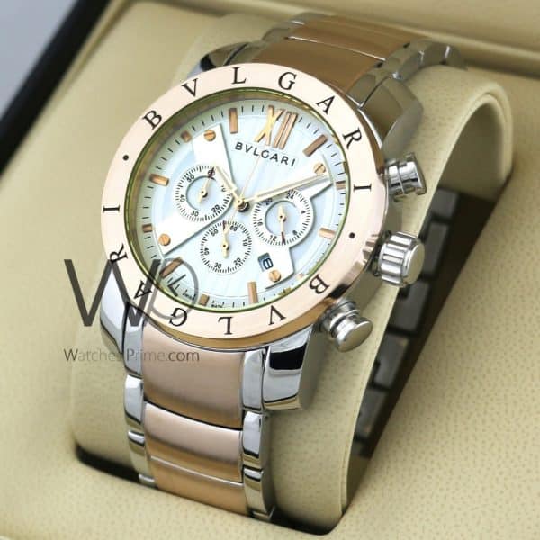 BVLGARI CHRONOGRAPH WATCH WHITE WITH STAINLESS STEEL SILVER & ROSE GOLDEN BELT