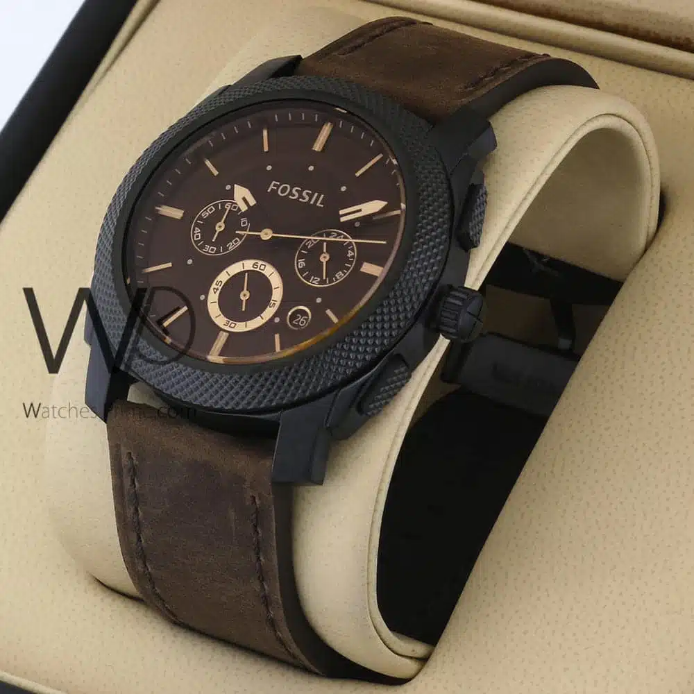 FOSSIL MACHINE CHRONOGRAPH WATCH BLACK WITH LEATHER BROWN BELT ...