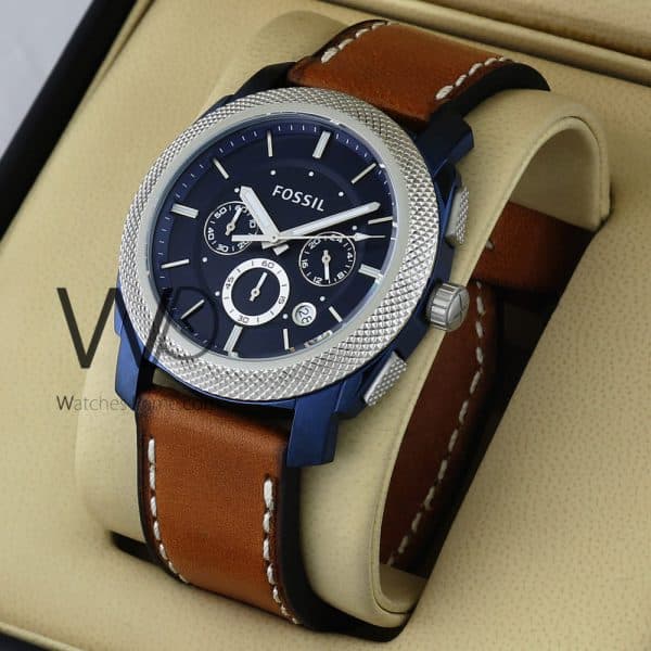 FOSSIL MACHINE CHRONOGRAPH WATCH BLUE WITH LEATHER BROWN BELT