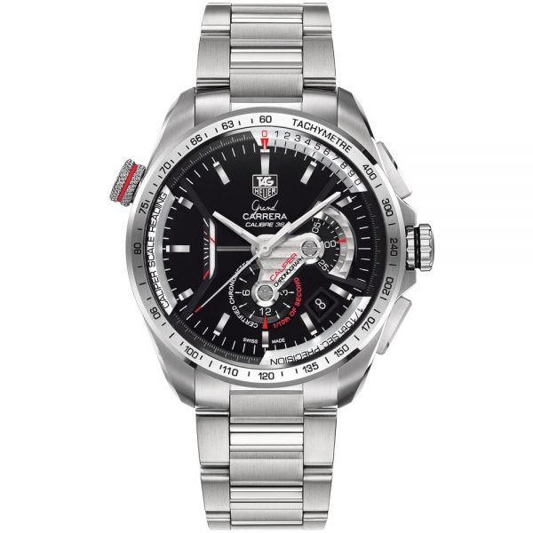 TAG HEUER GRAND CARRERA CALIBRE 36 CHRONOGRAPH WATCH BLACK WITH STAINLESS STEEL SILVER BELT