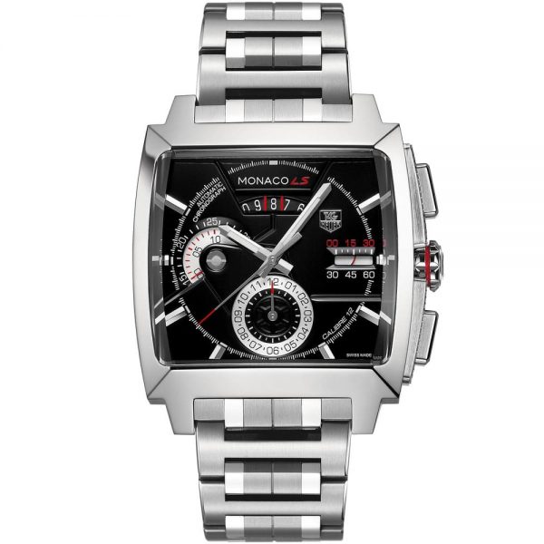 TAG HEUER MONACO CALIBRE 12 LS CHRONOGRAPH WATCH BLACK WITH STAINLESS STEEL SILVER BELT