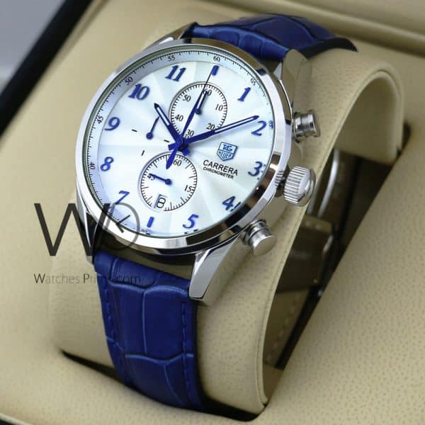TAG HEUER CARRERA CALIBRE 1887 CHRONOGRAPH WATCH WHITE WITH LEATEHR BLUE BELT
