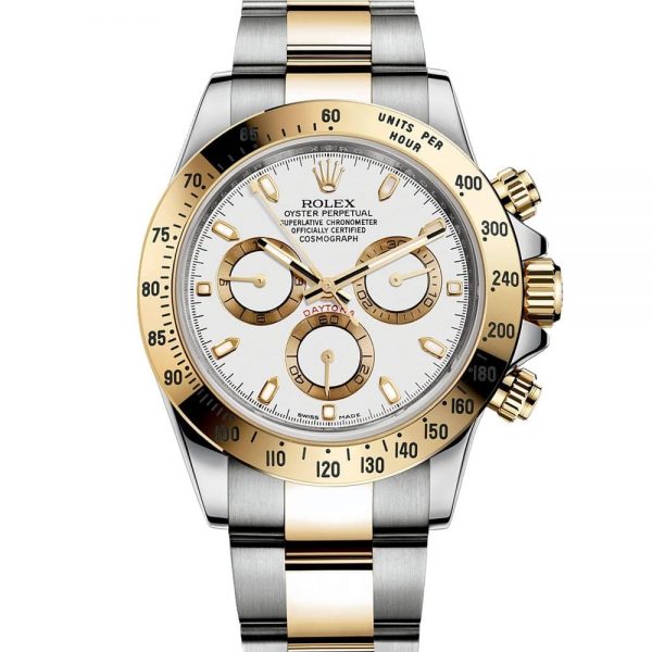 ROLEX PERPETUAL SUPERLATIVE CHRONOMETER OFFICIALLY CERTIFIED COSMOGRAPH DAYTONA WATCH WHITE WITH STAINLESS STEEL SILVER&GOLD BELT
