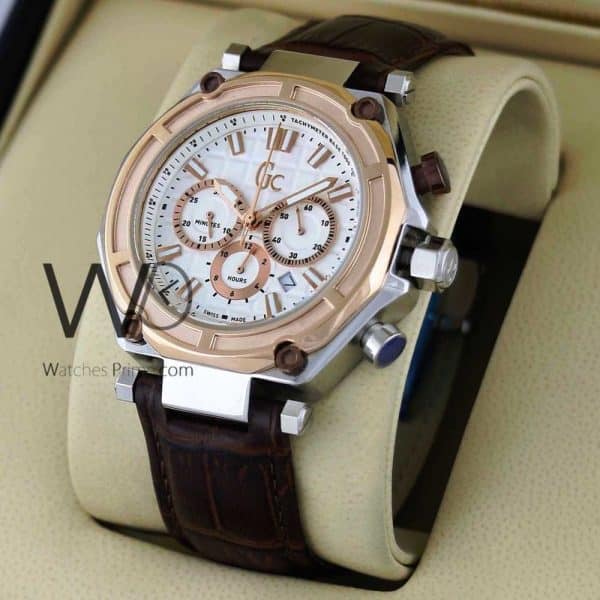 GUESS COLLECTION CHRONOGRAPH WHITE WITH LEATHER BROWN BELT