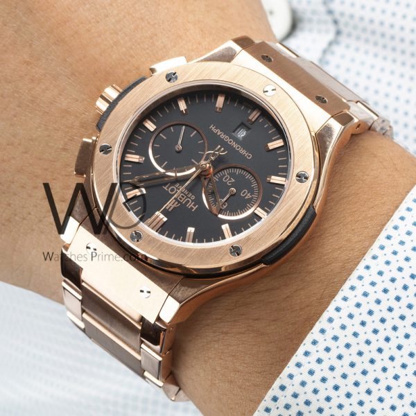 Hublot big bang chronograph watch black with stainless steel rose gold belt