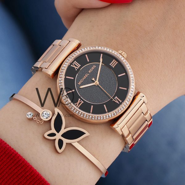 MICHAEL KORS WATCH BLACK WITH STAINLESS STEEL ROSE GOLD BELT