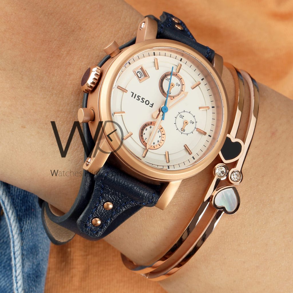 FOSSIL CHRONOGRAPH WATCH WHITE WITH LEATHER BLUE BELT | Watches Prime