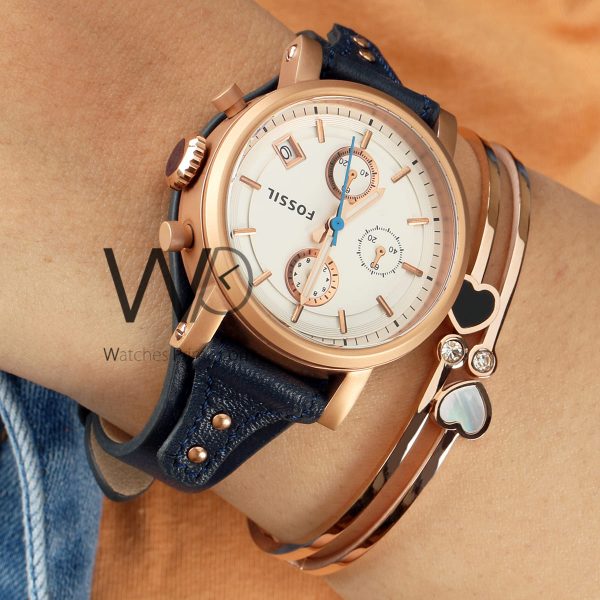 Fossil Chronograph Watch Blue Leather Strap | Watches Prime