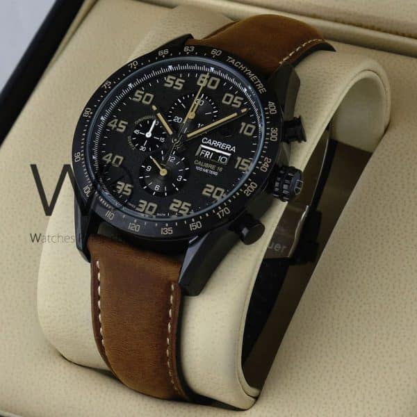TAG HEUER CHRONOGRAPH WATCH BLACK WITH LEATHER BROWN BELT