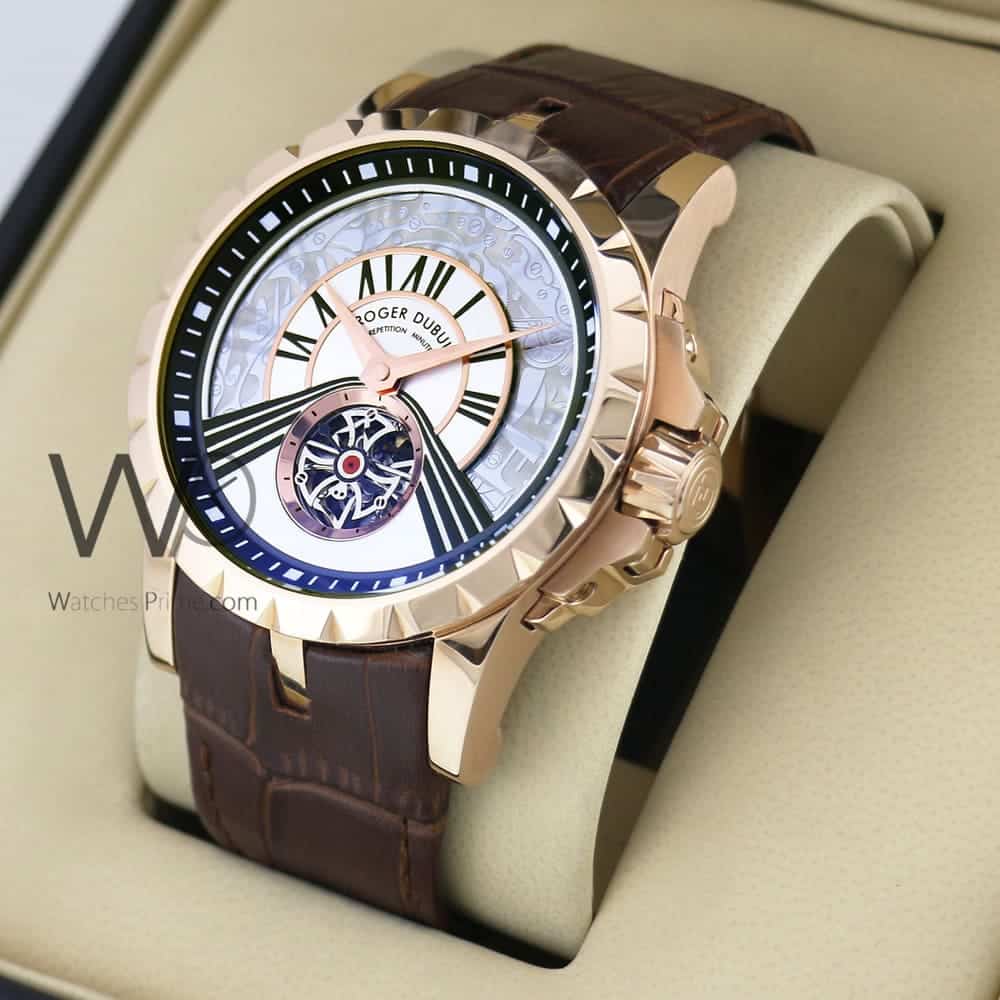 ROGER DUBUIS HORLOGER GENEVOIS WATCH WHITE WITH LEATHER BROWN BELT ...