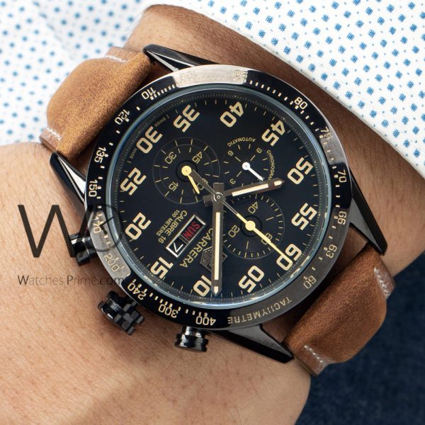 TAG HEUER CHRONOGRAPH WATCH BLACK WITH LEATHER BROWN BELT