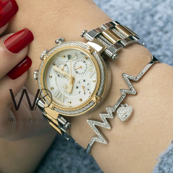 GUESS COLLECTION CHRONOGRAPH WATCH WHITE WITH STAINLESS STEEL SILVER&GOLDEN BELT