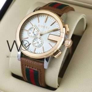 GUCCI CHRONOGRAPH WATCH WHITE WITH LEATHER BROWN BELT