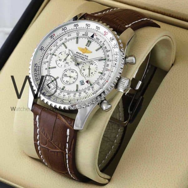 BREITLING CHRONOGRAPH WATCH WHITE WITH LEATHER BROWN BELT