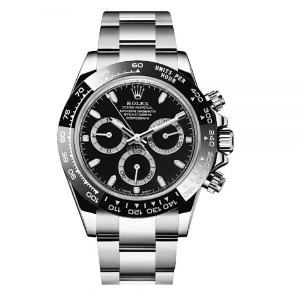 ROLEX PERPETUAL SUPERLATIVE CHRONOMETER OFFICIALLY CERTIFIED COSMOGRAPH DAYTONA WATCH BLACK WITH STAINLESS STEEL SILVER BELT
