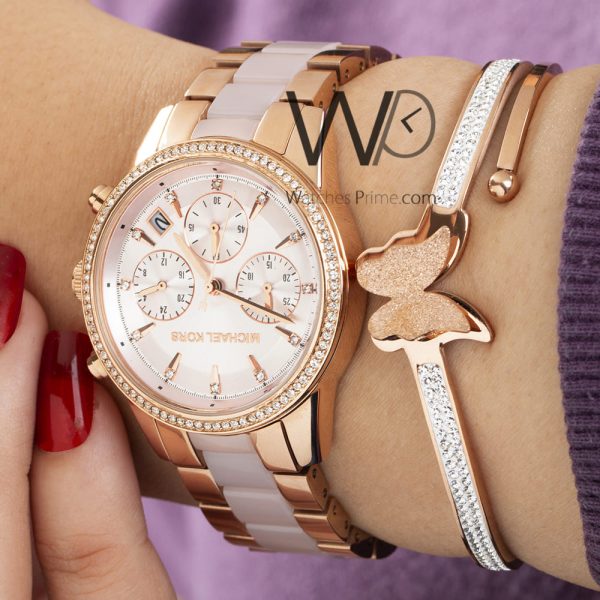 MICHAEL KORS CHRONOGRAPH WATCH PINK WITH STAINLESS STEEL PINK& GOLDEN BELT