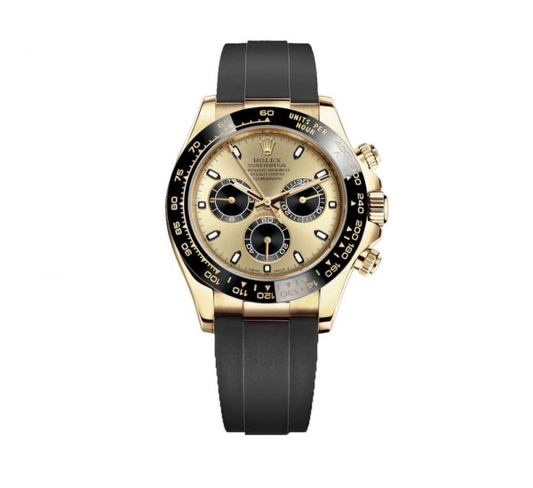 ROLEX OYSTER PERPETUAL SUPERLATIVE CHRONOMETER OFFICIALLY CERTIFIED COSMOGRAPH DAYTONE WATCH GOLD WITH RUBBER BLACK BELT