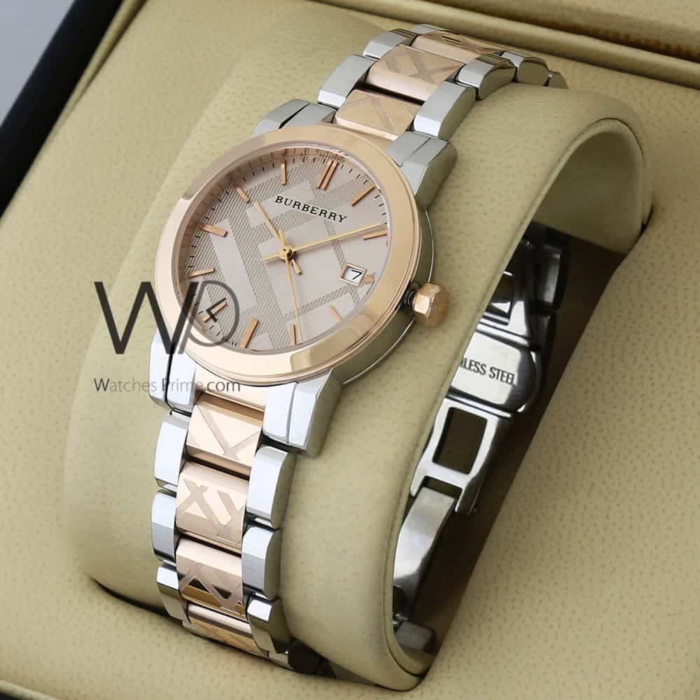 Burberry check engraved watch rose gold with stainless steel rose gold &  silver belt | Watches Prime