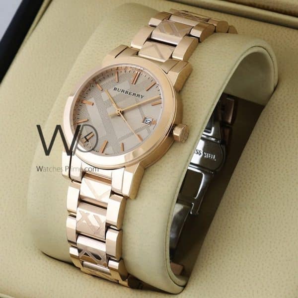 Burberry check engraved watch rose gold with stainless steel rose gold belt