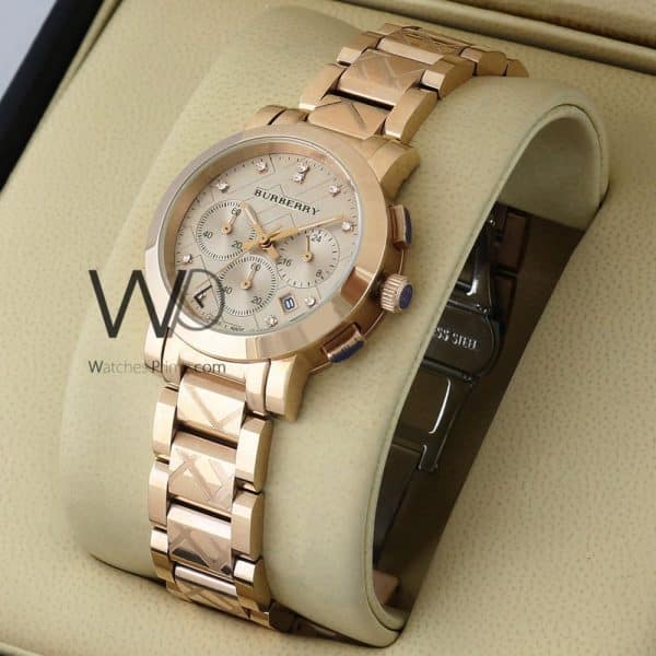 Burberry check engraved watch rose gold with stainless steel rose gold belt