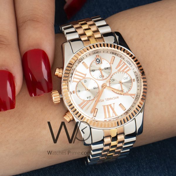 MICHAEL KORS CHRONOGRAPH WATCH WHITE WITH STAINLESS STEEL ROSEGOLD&SILVER BELT