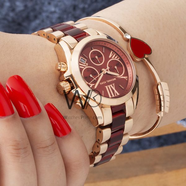 MICHAEL KORS CHRONOGRAPH WATCH RED WITH STAINLESS STEEL RED &ROSE GOLD BELT