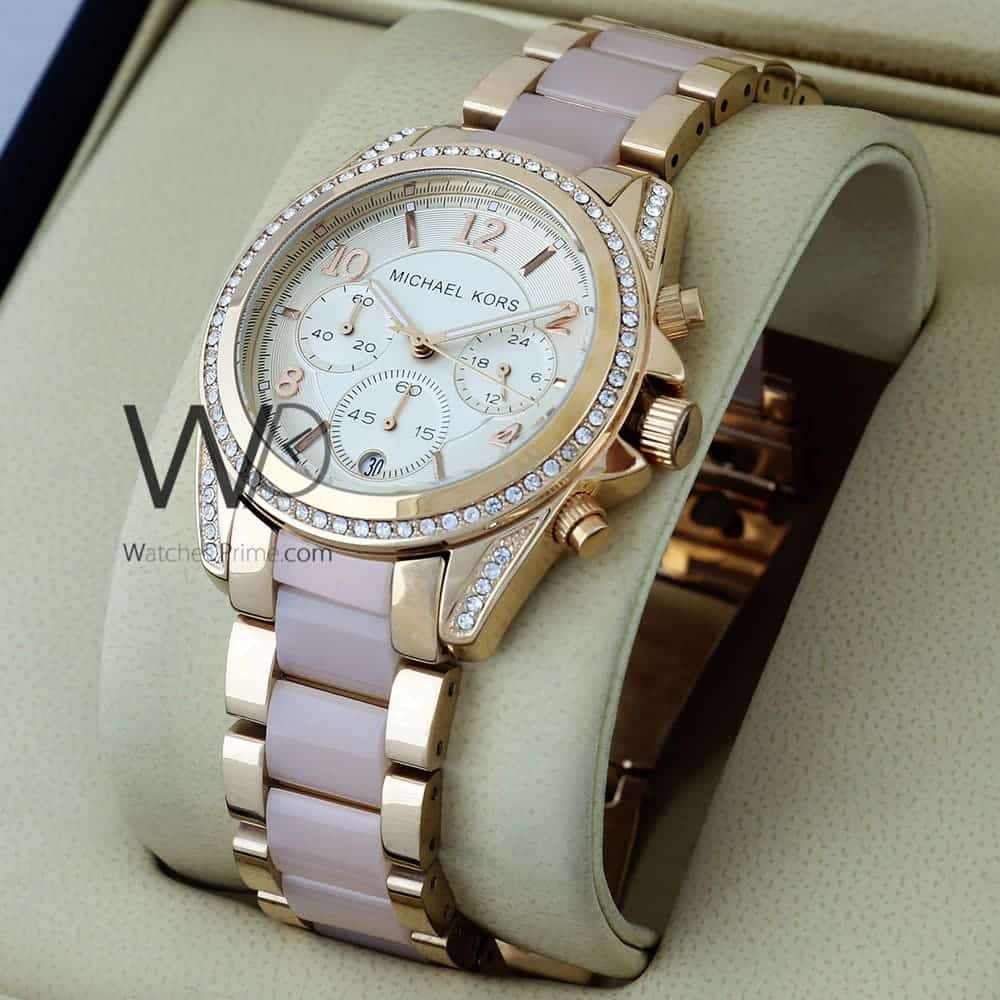 MICHAEL KORS CHRONOGRAPH WATCH GOLD WITH STAINLESS STEEL PINK& ROSE GOLD  BELT | Watches Prime