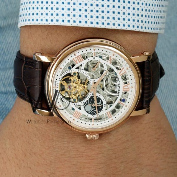 PATEK PHILIPPE WATCH WHITE WITH LEATHER BROWN BELT