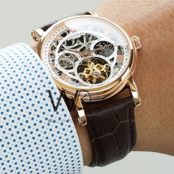 PATEK PHILIPPE WATCH WHITE WITH LEATHER BROWN BELT