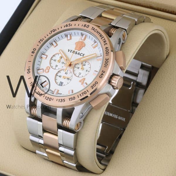 Versace men white watch WITH STAINLESS STEEL half rose gold BELT