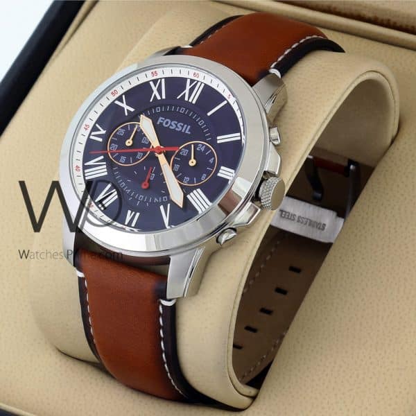 FOSSIL GRANT CHRONOGRAPH WATCH BLUE WITH LEATHER BROWN BELT