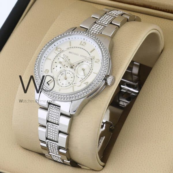MICHAEL KORS CHRONOGRAPH WATCH white WITH STAINLESS STEEL silver BELT