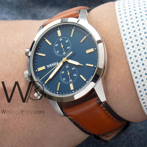 FOSSIL GRANT CHRONOGRAPH WATCH BLUE WITH LEATHER BROWN BELT