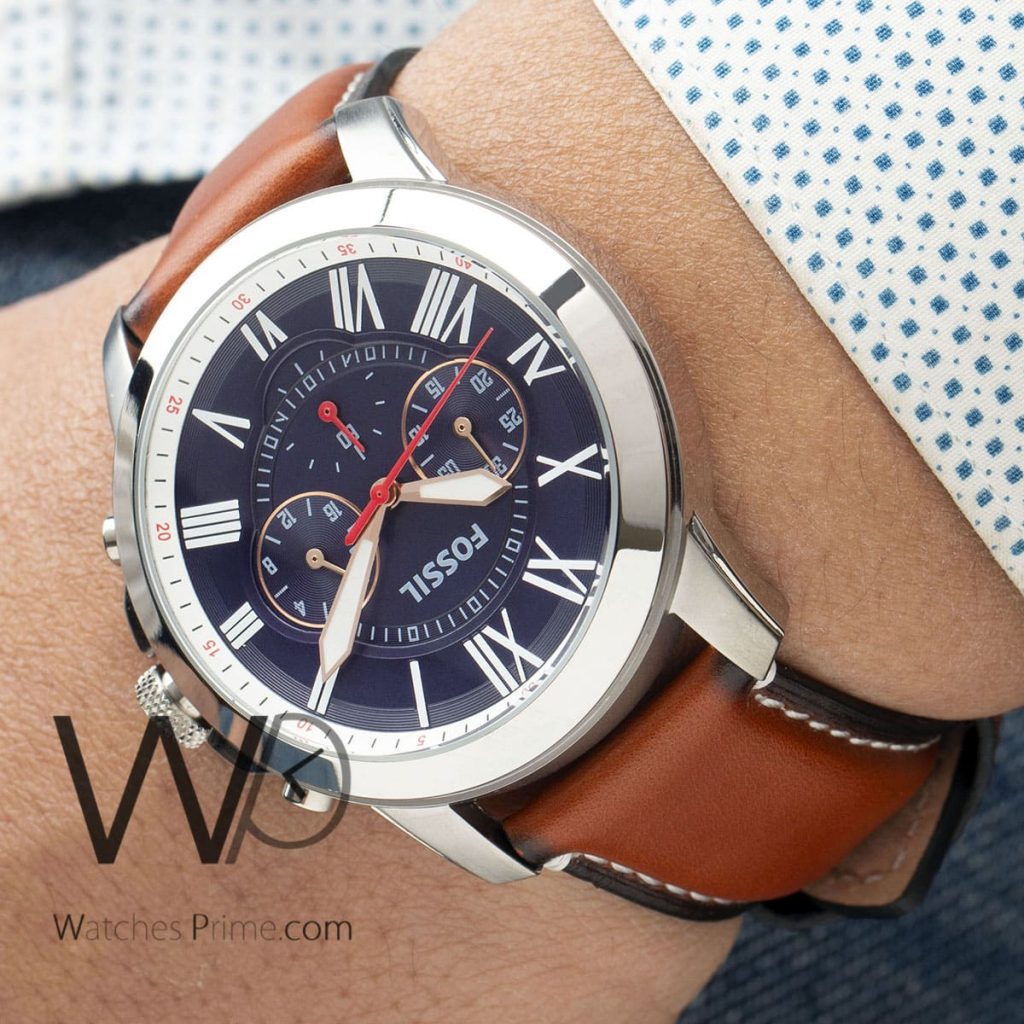 FOSSIL GRANT CHRONOGRAPH WATCH BLUE WITH LEATHER BROWN BELT | Watches Prime