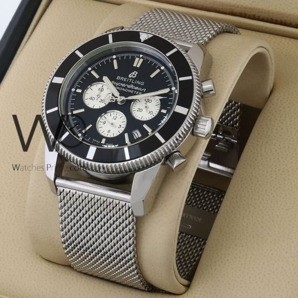 BREITLING CHRONOGRAPH WATCH black WITH STAINLESS STEEL SILVER BELT  